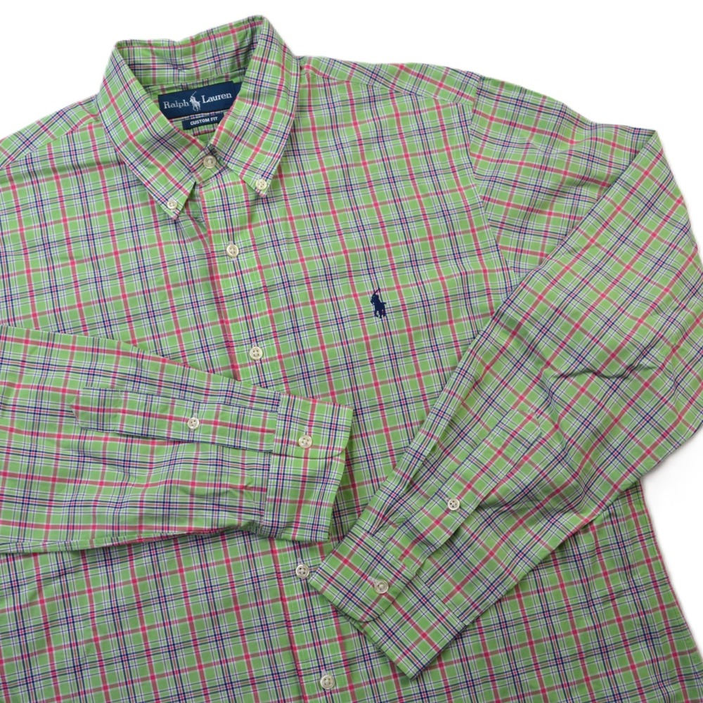 Ralph Lauren Mens Custom Fit Plaid Button Down Pony Shirt Green Pink LG Cotton